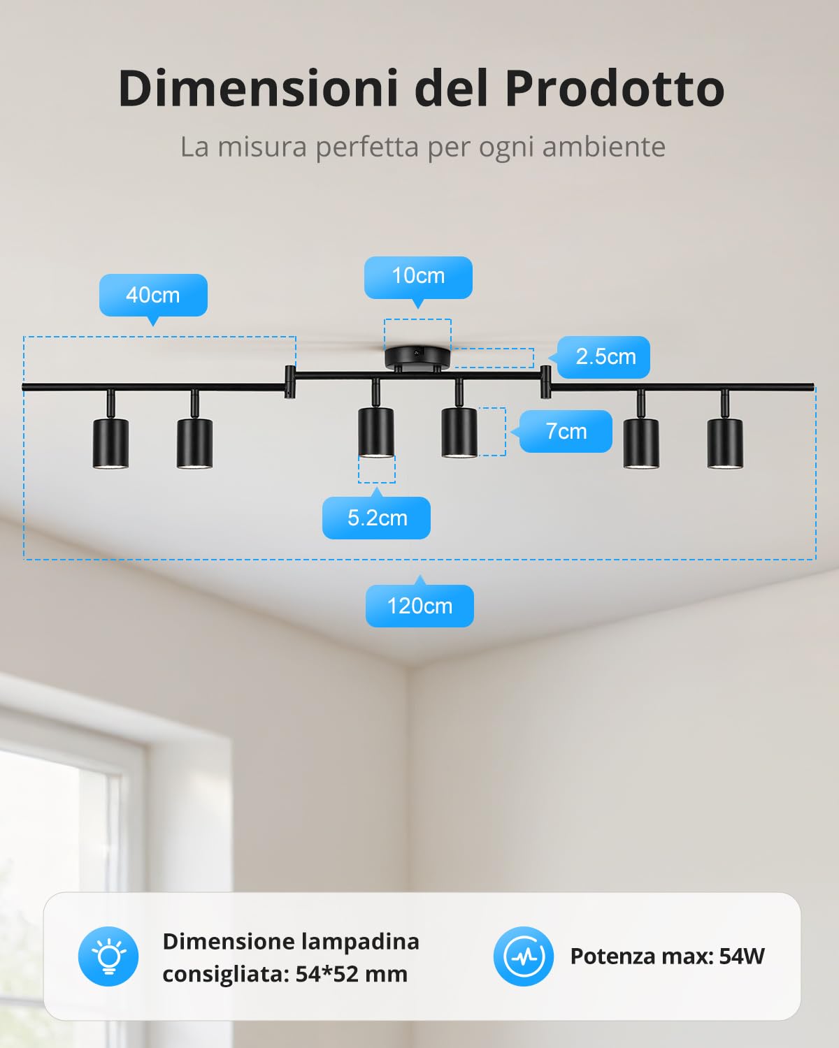 Gr4tec Faretti LED da Soffitto Orientabili 6 Luci, Moderna Binario Faretti GU10, Faretto LED Interno Nero, Lampadario da Soffitto per Soggiorno Cameretta Cucina, Senza Lampadine