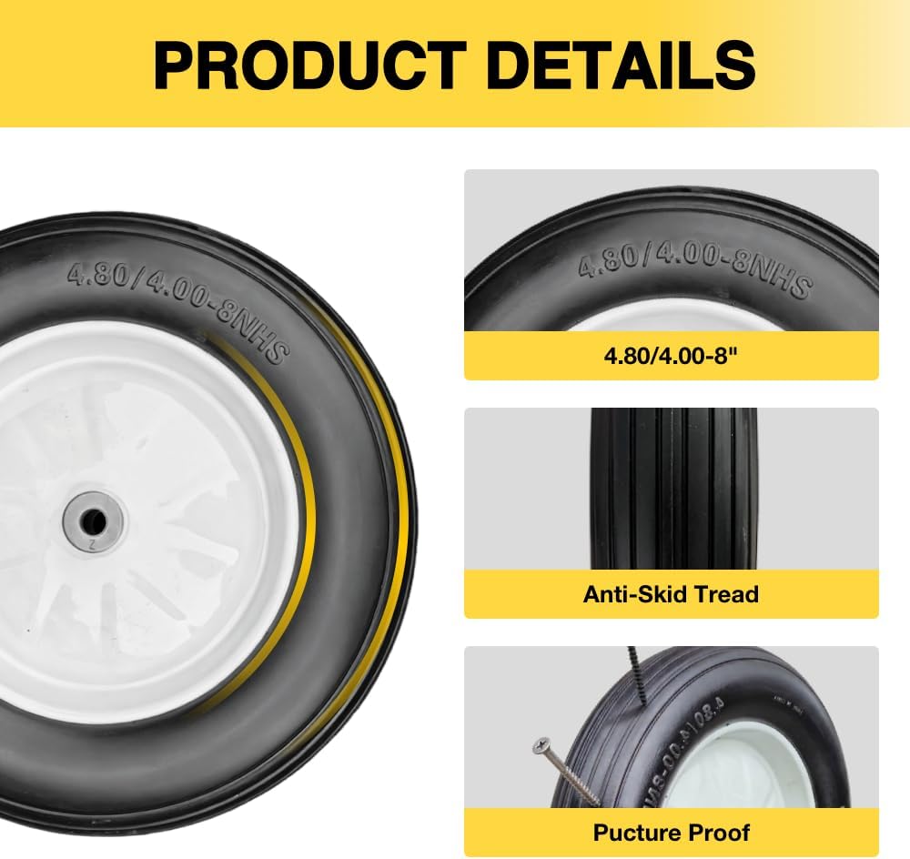 16"x4.80/4.00-8 Wheel - Flat Free PU Foam Tire with 3/4" & 5/8" Bearings, 3-6" Adjustable Hub for Wheelbarrow, Garden Cart, Yard Trailer, Hand Truck, Utility Cart, Generator