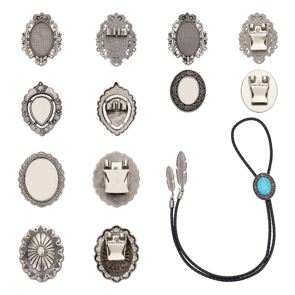 NBEADS 6 Pcs Bolo Tie Buckle, 6 Styles Antique Silver Alloy Bolo Tie Slides Clasp Cabochon Settings Bolo Tie Findings Blank Bolo Tie Slides for Bolo Tie Making, Tray: 0.8-3.9x0.6-3cm