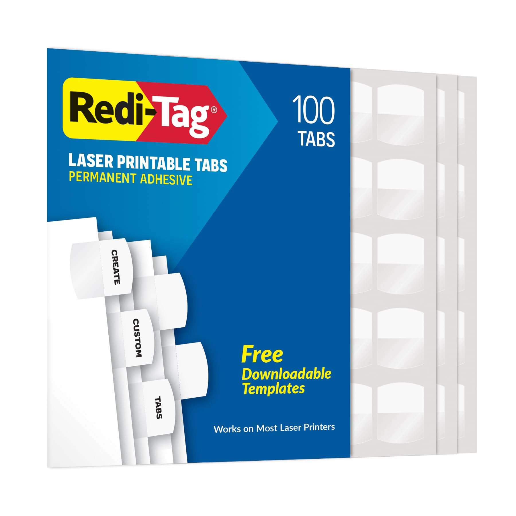 Redi-Tag Products - Redi-Tag - Laser Printable Index Tabs, 1 1/8 in, White, 100/Pack - Sold As 1 Pack - Create permanent professional-quality indexes. - Sturdy plastic self-adhesive tabs attach to any page. - Templates compatible with Windows version of WordPerfect and Microsoft Word. - Heavy-duty durable plastic will not tear or curl. - Use on divider sheets or any size bound material.