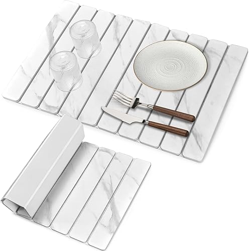 Tapetes grandes de secado de platos de piedra para encimera de cocina, 24 x 16 pulgadas, patrón de mármol, tapete de secado rápido plegable de