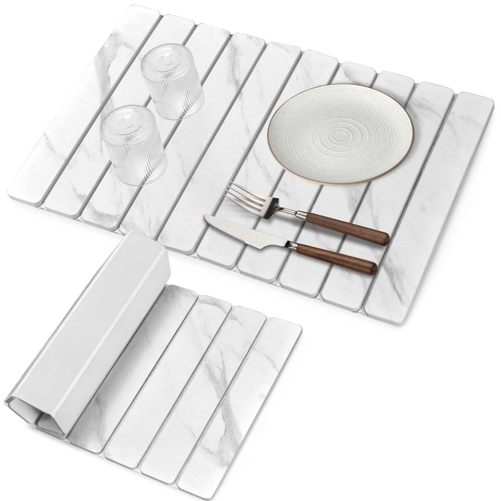 Large Stone Dish Drying Mats for Kitchen Counter, 24"×16" Marble-Pattern, Fast Drying Collapsible Dish Drying Mat, Eco-Friendly Absorbent Diatomaceous