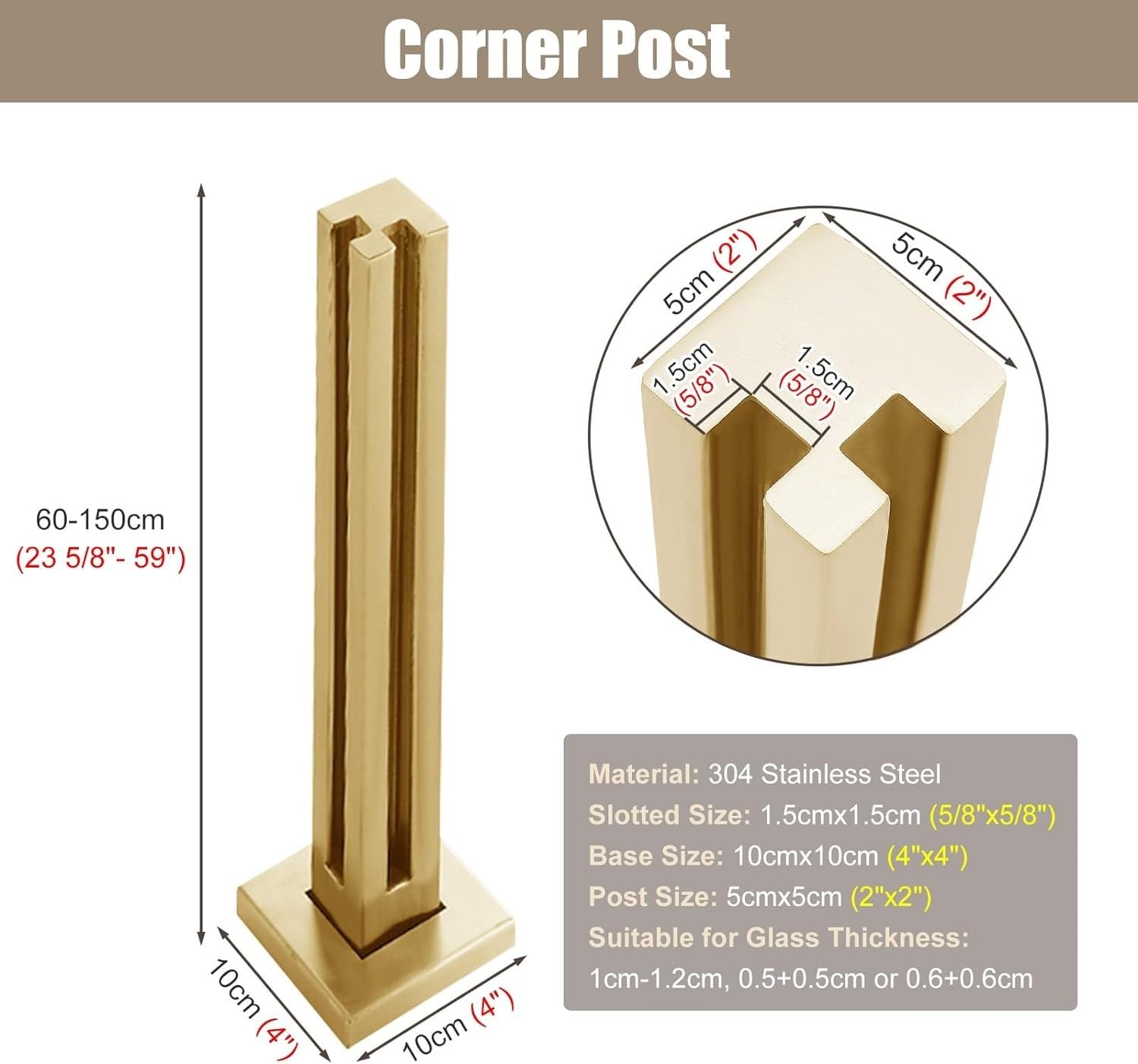 Paletti per ringhiera in acciaio inossidabile per ringhiera in vetro – il Baluster Pole per portico, villa e scale (palo angolare, 60 cm)