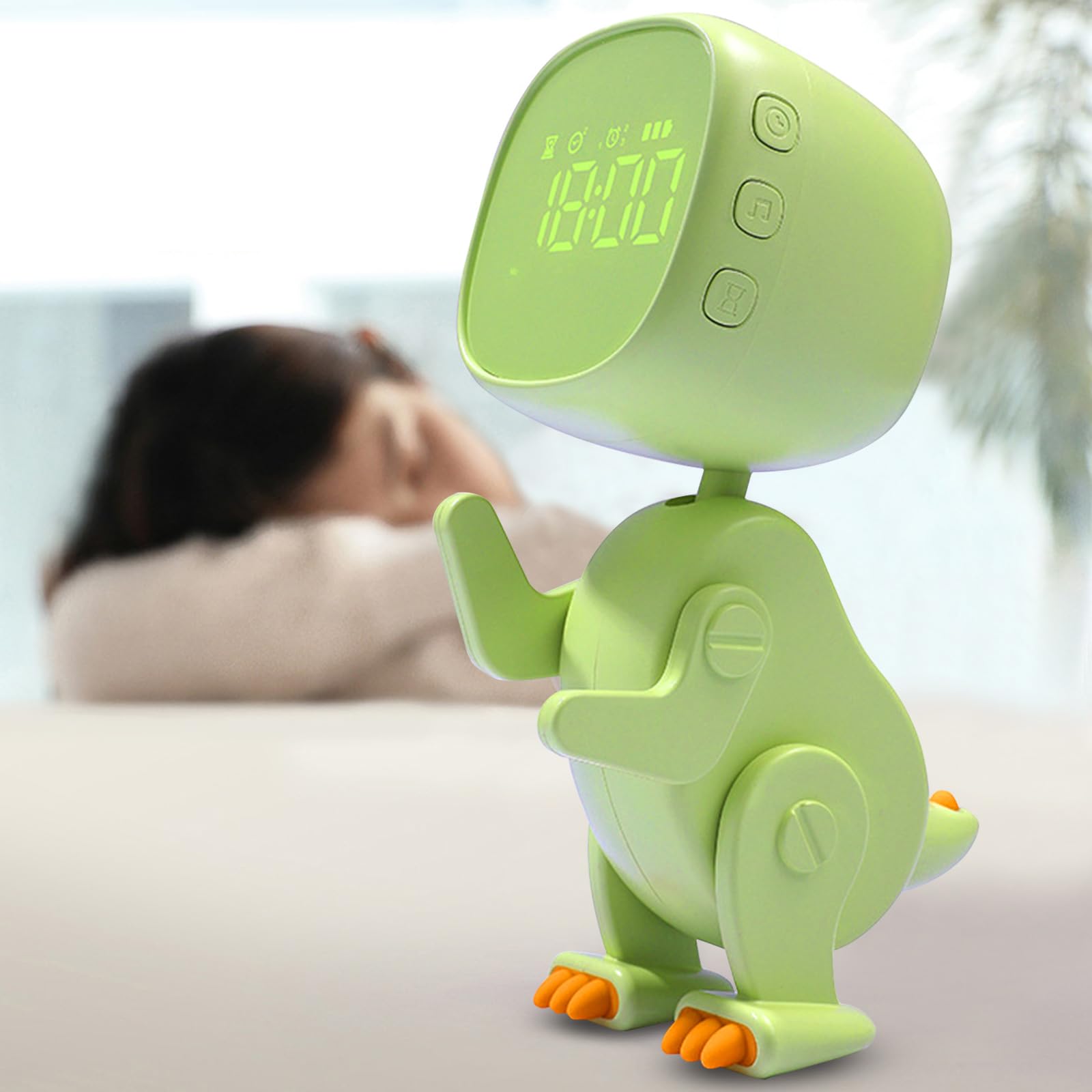 Reloj despertador digital para niños, luz nocturna de dinosaurio con 3 grupos de alarma, sonido y brillo regulable en carga USB, color verde