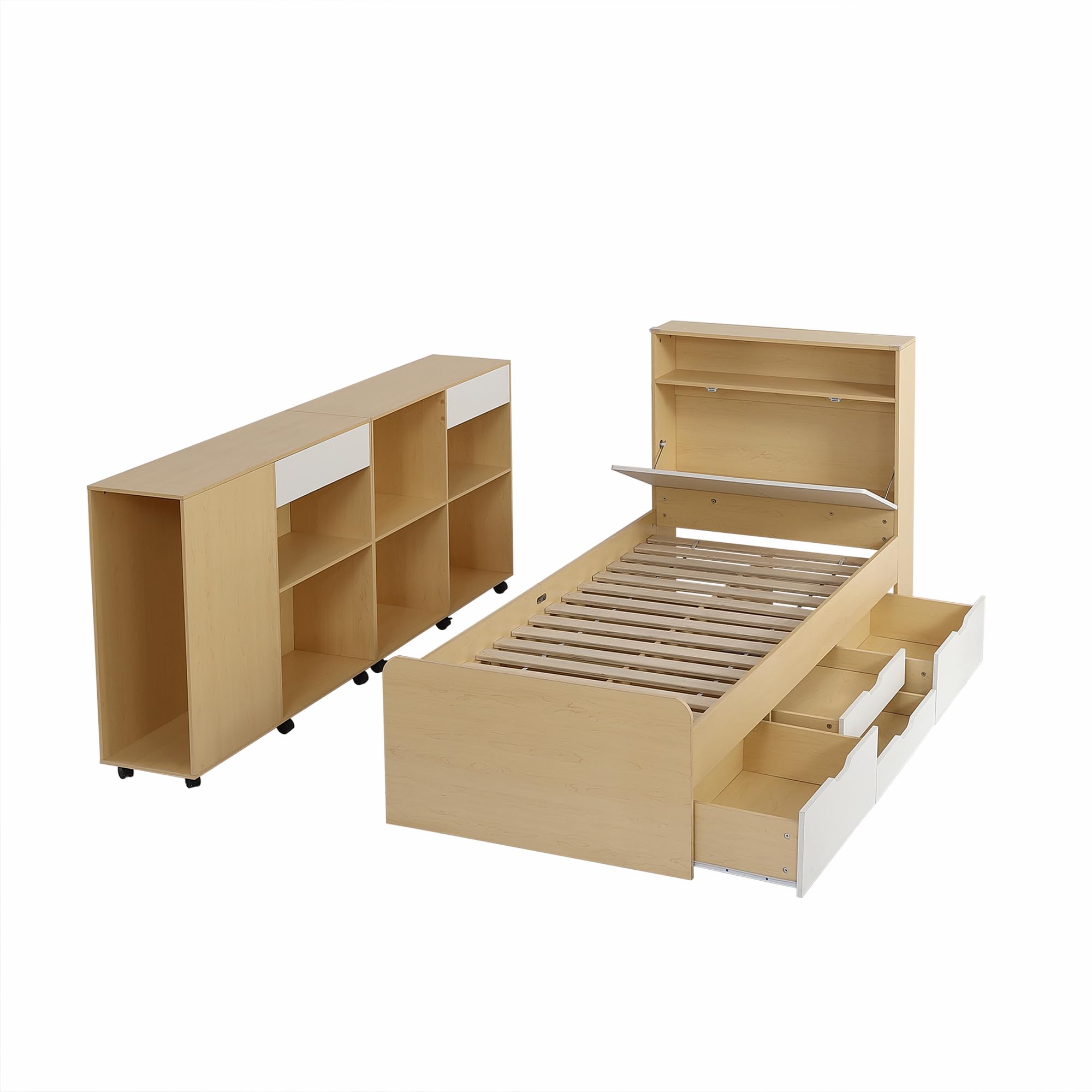 Set completo per camera da letto, camera dei ragazzi, letto singolo 90 x 200 cm + armadi, letto per ragazzi, letto a pannello con 4 cassetti, 2 armadi con ruote sul pavimento, MDF + truciolato, bianco