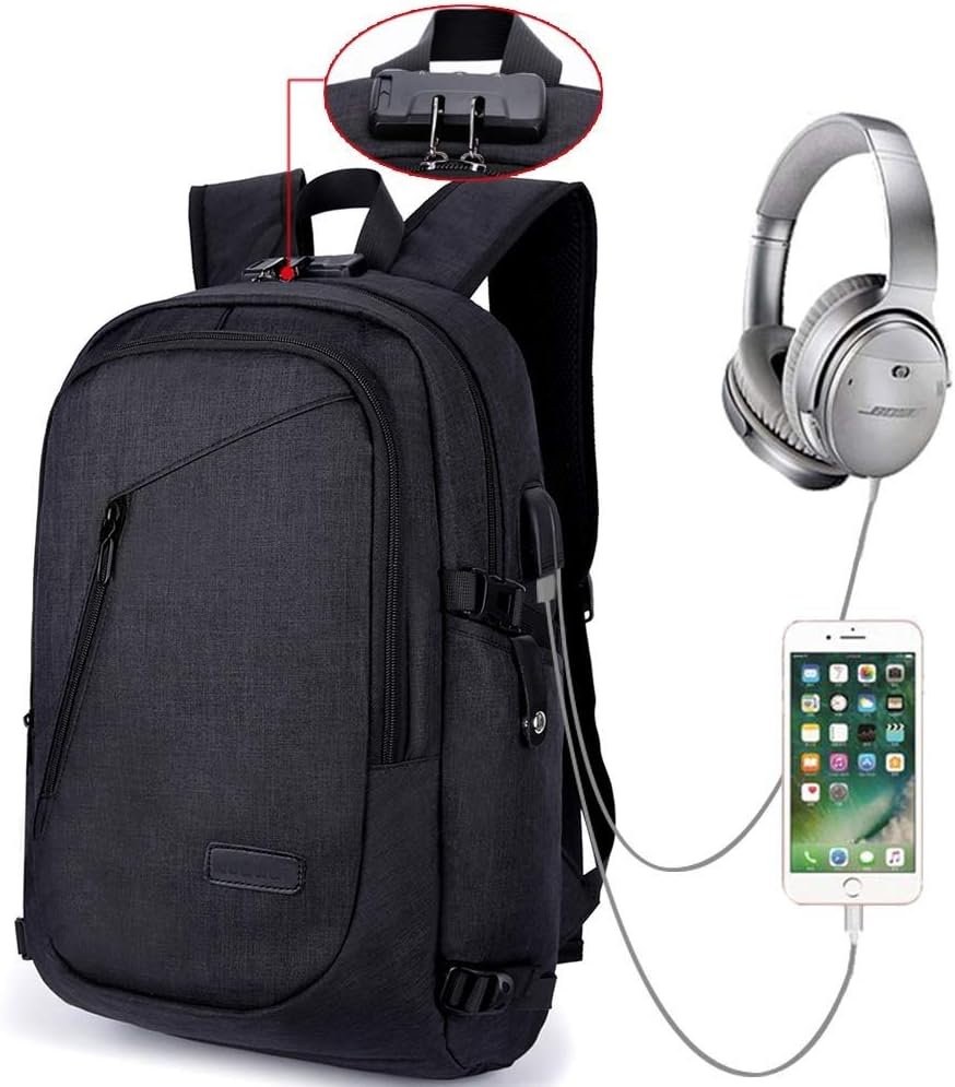 School Backpack Laptop Backpack,Anti Theft Backpack Business Bag with Headphone Port, Anti Theft School Computer Backpacks with USB Charging Hole and Water Resistant Fits 15.6 Inch Laptop (Black)