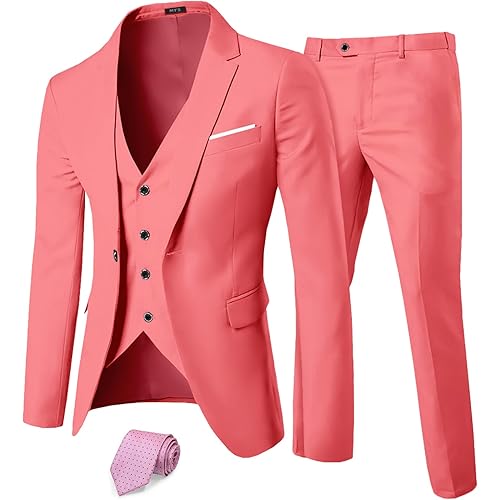 MY'S Men's 3 Piece Suit Set with Tie, One Button Slim Fit Solid Jacket Vest Pants, Prom Party Wedding Business Suits for Men