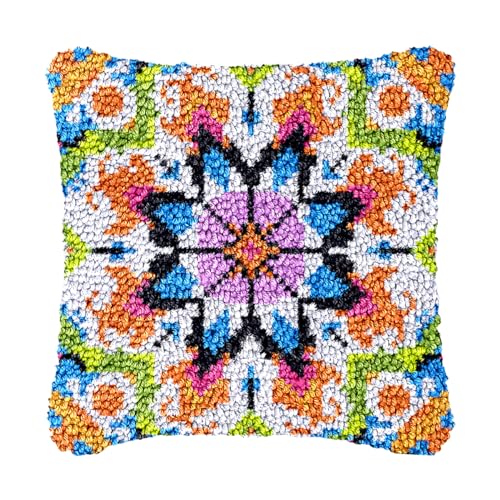 Image of Latch Hook Kits for DIY Throw Pillow Cover, Colorful Handmade Pillow Case for Home Decoration, Festival Gift 17x17inch (Colorful Flower3)