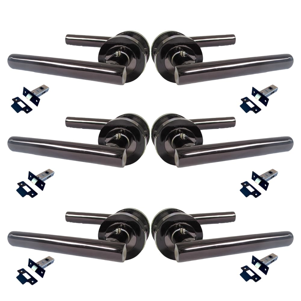 Epsom Door Handle Black T-Bar Lever On Rose Door Handle – Nickel, Modern Interior Lever Set – 123Mm Length, 52Mm Rose – Packs Of 6 – With Tubular Latch