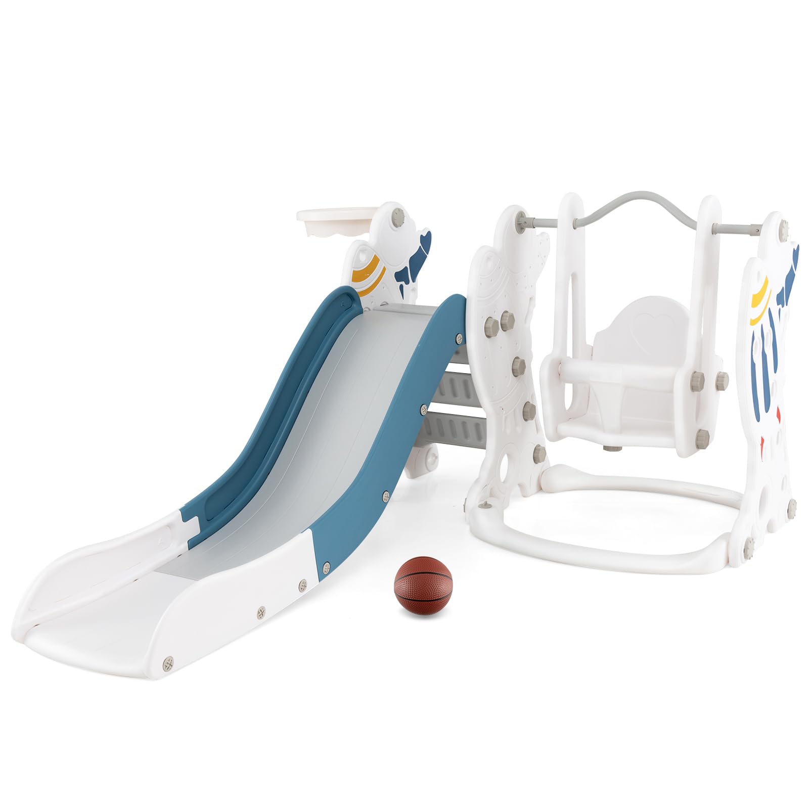 COSTWAY 4 in 1 Toddler Slide and Swing Set, Kids Climber Playset with Basketball Hoop and Ball, Children Activity Center for Indoor Outdoor