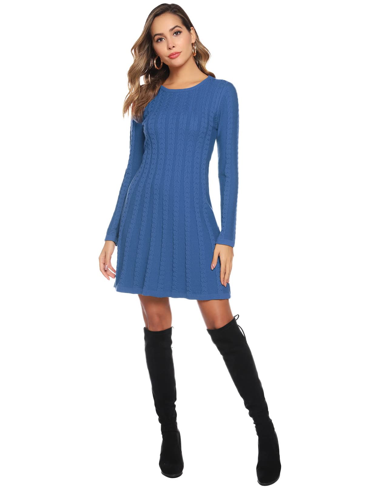 Gyabnw Vestito Casual Donna Invernale in Maglione Abito Vita Alta Elegante in Girocollo di Orlo Svasato Abito Linea A in Maglia al Ginocchio Caldo di Moda Treccia Ritorta