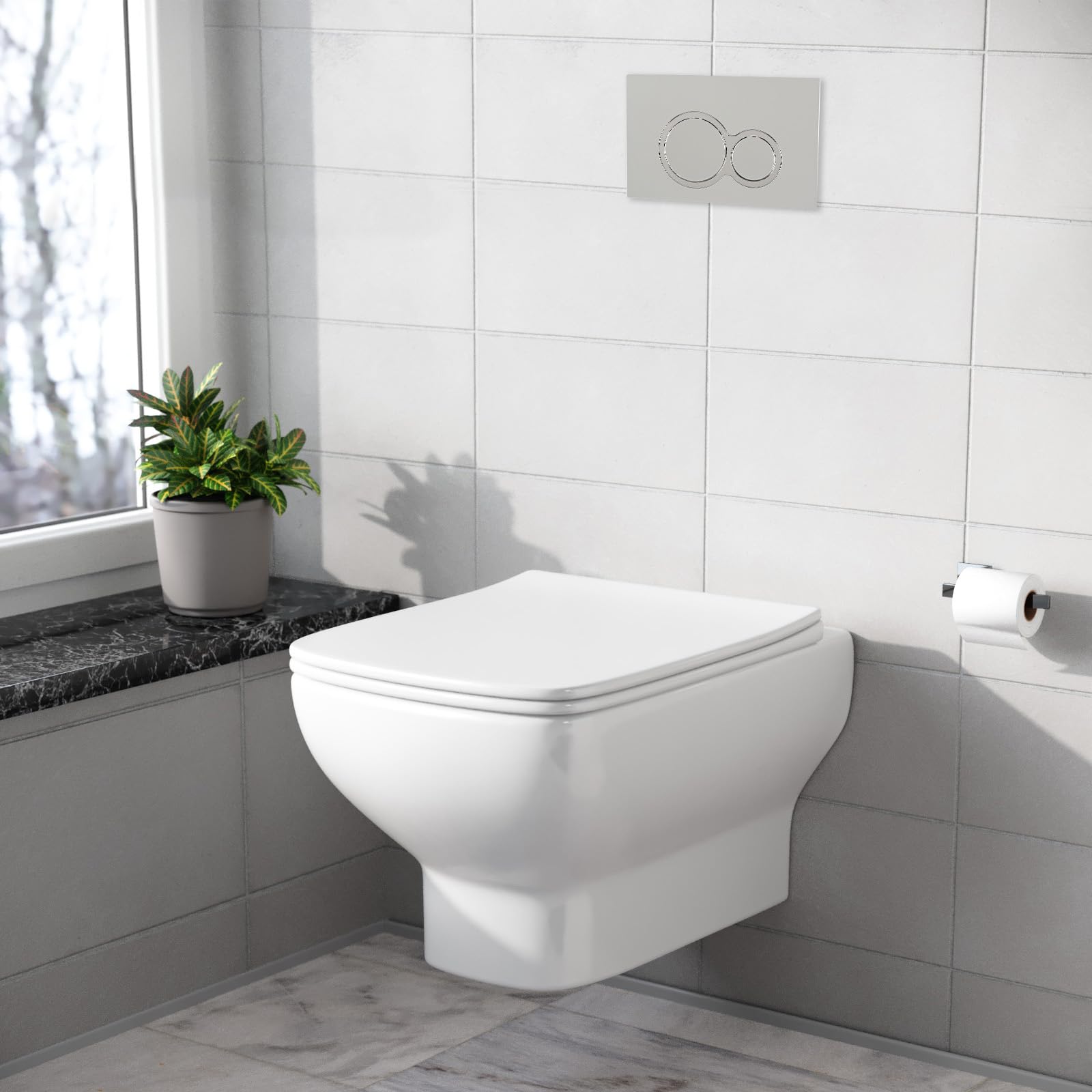 Nes Home White Square Wall Hung Toilet With Frame & Round Button Flush Plate