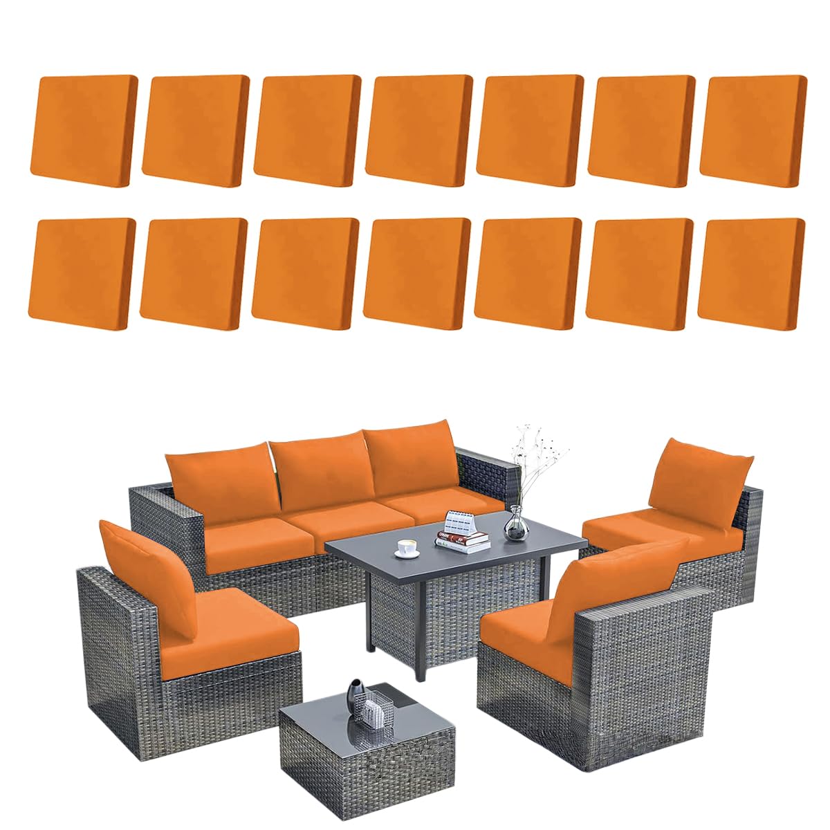 Hiseng 8/12/14 PCS Outdoor Cushion Covers Stretch Patio Cushion Covers Replacement Slipcovers Washable for Outdoor Sofa Cushions, Garden Furniture Set, Rattan Corner Sofa (Orange,14 pcs)
