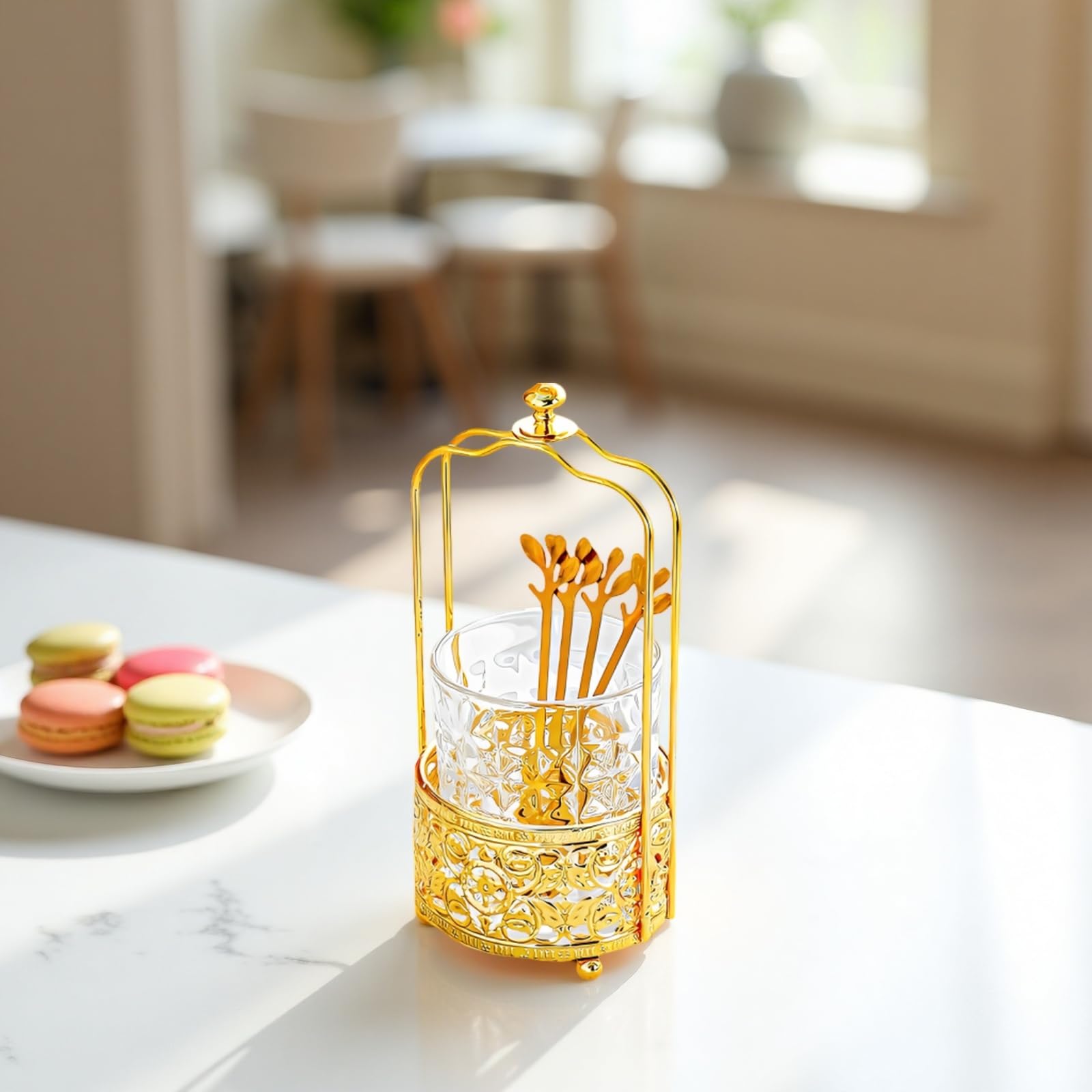 Pot à fourchettes avec 6 fourchettes à fruits dorées, support lune et étoile, fourchettes inox, manche en alliage, rangement décoratif, pour maison et fêtes