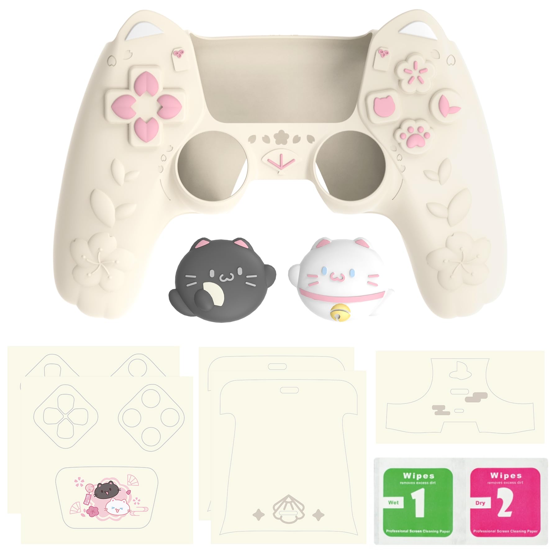 PlayVital Hülle für PS5 Controller, Kätzchen Serie Süße Schutzhülle für PS5 mit 3D Katzenohren, Daumengriff & Aufkleber, Kompatibel mit Ladestation, Anti-Rutsch, Antikgelb
