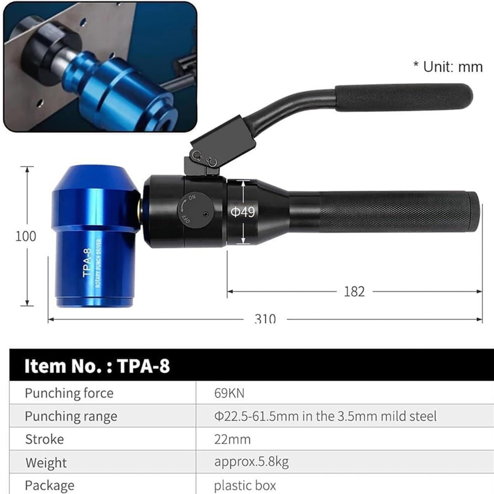 Perforador Hidráulico Portátil,Kit De Herramientas De Punzonado Hidráulico,6 Matrices Juego De Punzón Hidráulico,Para Perforar Chapas Metálicas,Metal Acero Aluminio Plástico,Blue
