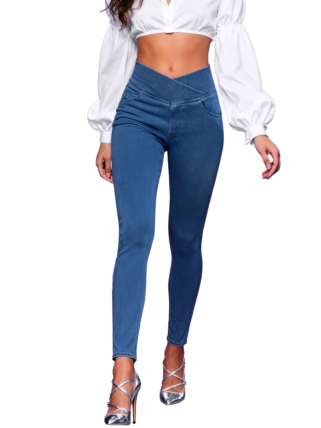 AIMILIA Crossover Jeggings for Women Tummy Control High Waist Pull On Stretchy Jeans Denim Leggings with Pockets Slimming