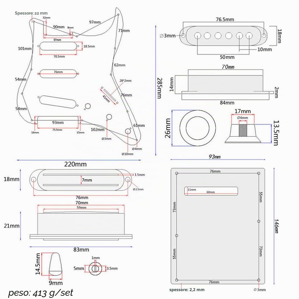 Alnicov Pickup SSS Dual Rail a 3 strati neri Caricati battipenna precablati per chitarra elettrica a 11 fori, neri
