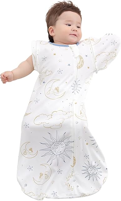 LILBESTIE Baby Transition Swaddle Sack, 100% Cotton Sleeping Bag with Detachable Sleeves for Easy Transition of Newborn to Better Sleep, Sea, Large