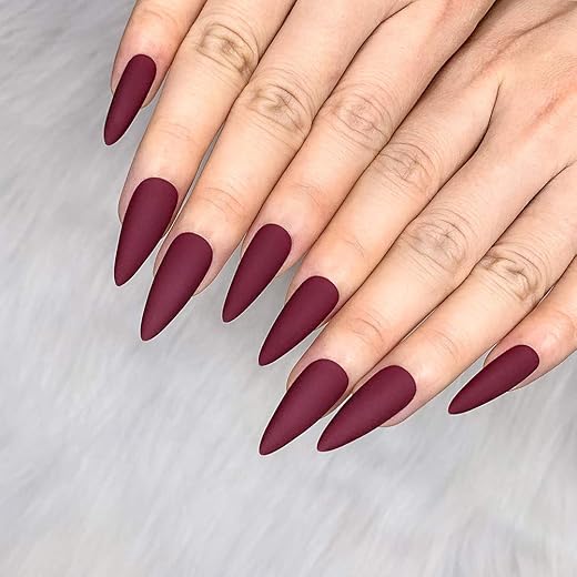 Morily 24pcs Fake Nails Matte Pure Color Medium Long Stiletto Almond Press on Nail False Tips Artificial Finger Manicure for Women (Wine Red)