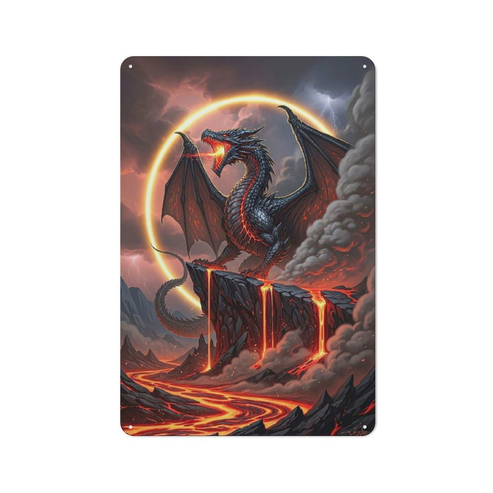 Junmoney Style-1 Metal Plaque 30X20cm With Black Dragon With Lava Landscape For Pub Or Café, Retro Decor, For Pub Decor Enthusiasts Refreshing A Room In Autumn