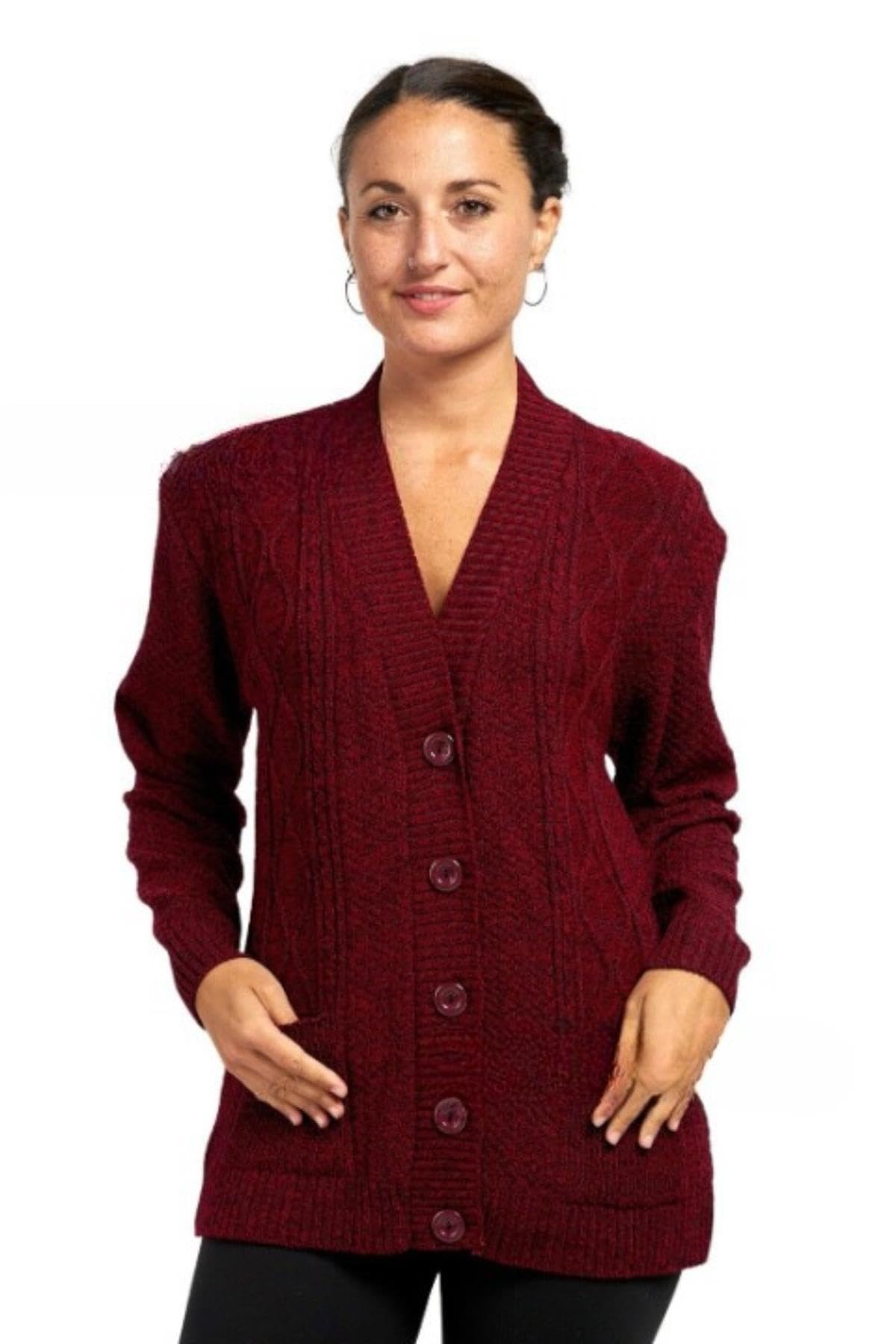 WICKEDFASHIONS123 Womens Long Sleeve Chunky Cable Knitted Cardigan 5 Button Front Sweater 2 Pockets Casual Winter Warm Jumper Soft Knitwear Cozy Stylish Layering Top UK Sizes Wine