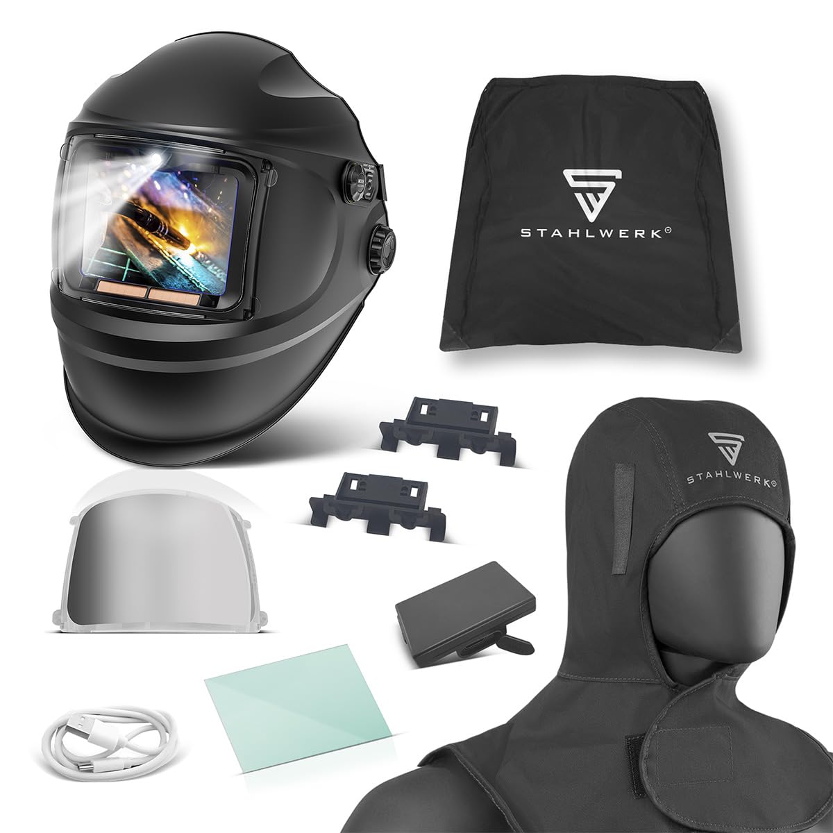 STAHLWERK Casque de soudage Automatique 3-en-1 RAPTOR – Kit avec bonnet de soudure, True Colour, éclairage LED, obscurcissement Auto. DIN 4-13, Classe Optique 1/1/1/2, Champ 116x81mm, écran de soudage