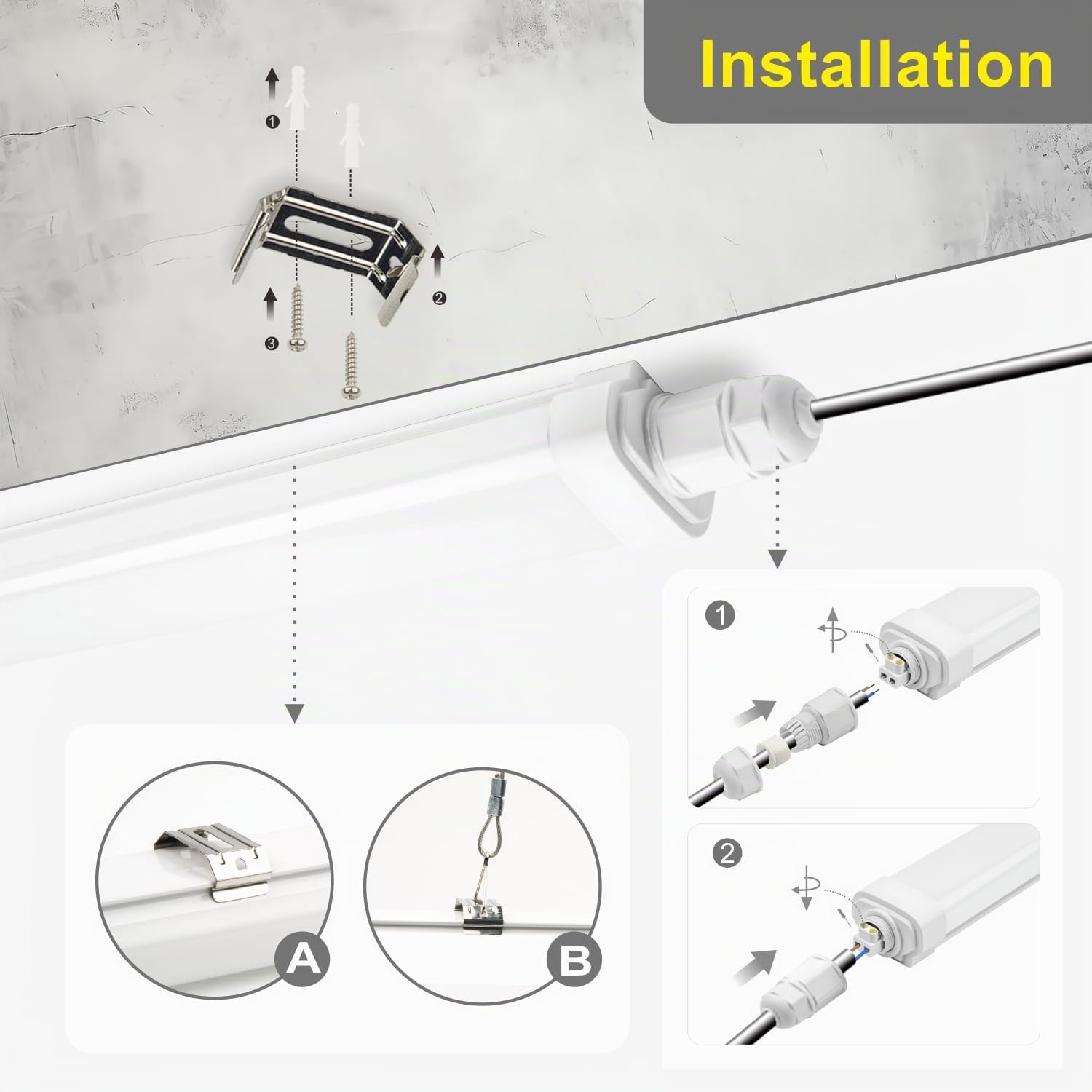 BrightFly 2 Stück LED Feuchtraumleuchte, LED Röhre 120CM 30W 3420LM, IP65 Wasserdicht, 6500K Kaltweiß, Deckenleuchte für Feuchträume, Garage, Lagerhalle und Werkstatt
