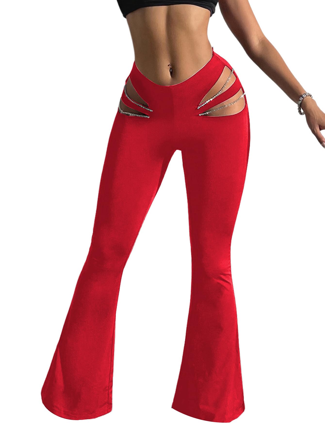 GORGLITTER Womens Rave Cut Out Pants High Waisted Flare Leg Y2K Going Out Pants Disco Bell Bottom Trousers