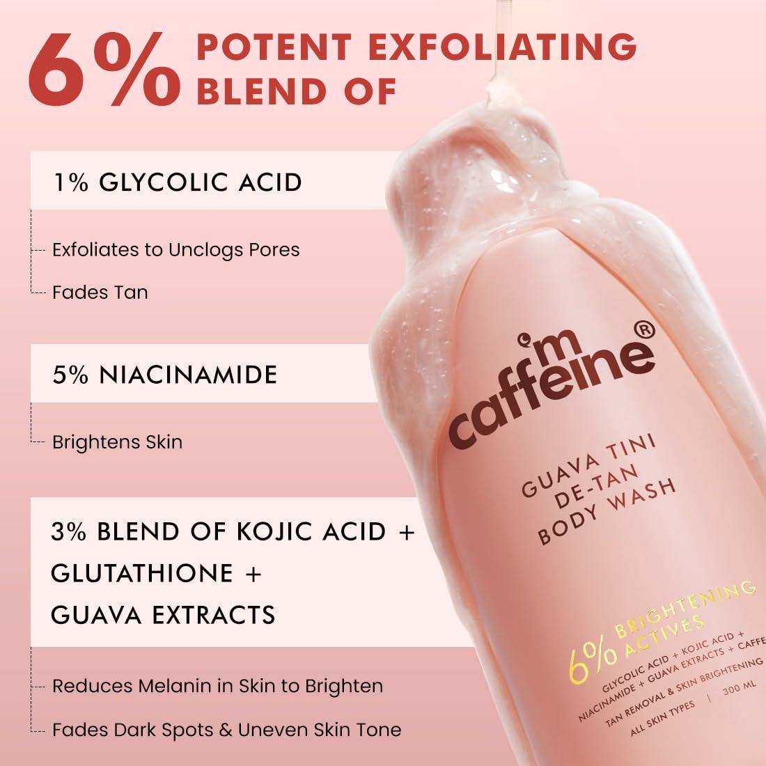 mCaffeine De-Tan & Exfoliating Body Washes (Set of 2) | Guava & Caramel Crunch Body Washes (300 ml x 2) | With Niacinamide, Salicylic and Lactic Acid | Brightens & Even Tones | Reduces Body Acne | 1