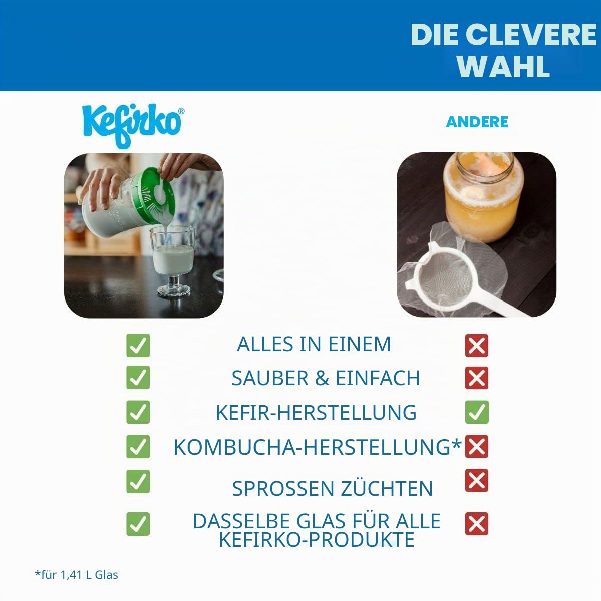 Kefirko Fermentations Set 900ml Grün Milch- und Wasserkefir
