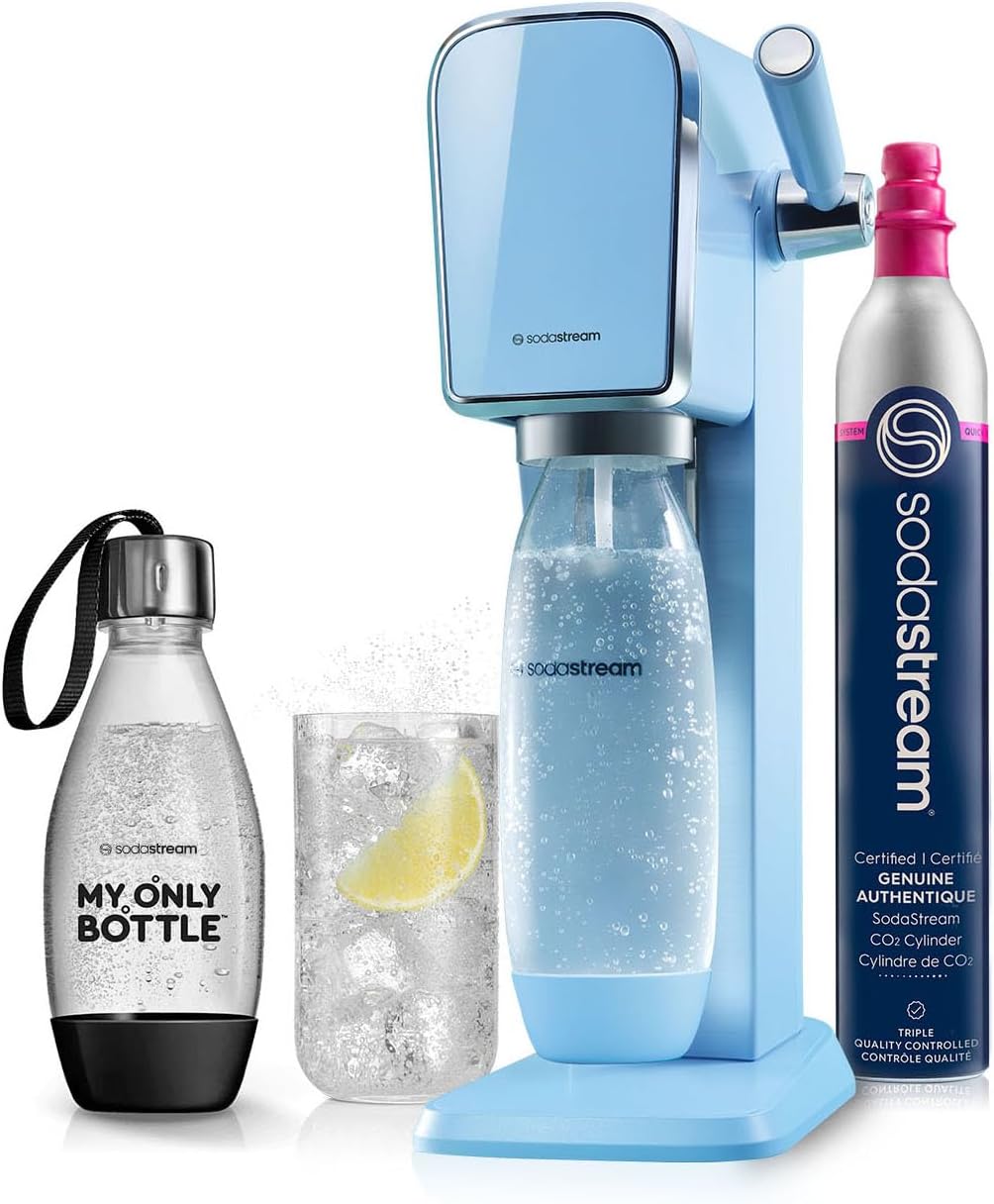 SodaStream - ART Sparkling Water Maker | STARTER KIT | CQC CO2 system | Includes 1x CO2 Cylinder, 1x32 & 1x16 Fl Oz Dishwasher Safe Bottles, 1x Bubly Flavor Drop | Combine with Flavors | Misty Blue