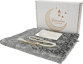 Modefa Muslim Prayer Rug - Ramadan Gifts Set with Prayer Mat & Tasbih Prayer Beads - Soft Plush Islamic Gifts for Women Muslim Gifts for Men - Luxury Velvet Gift Box Set (Floral Stamp Silver Grey)