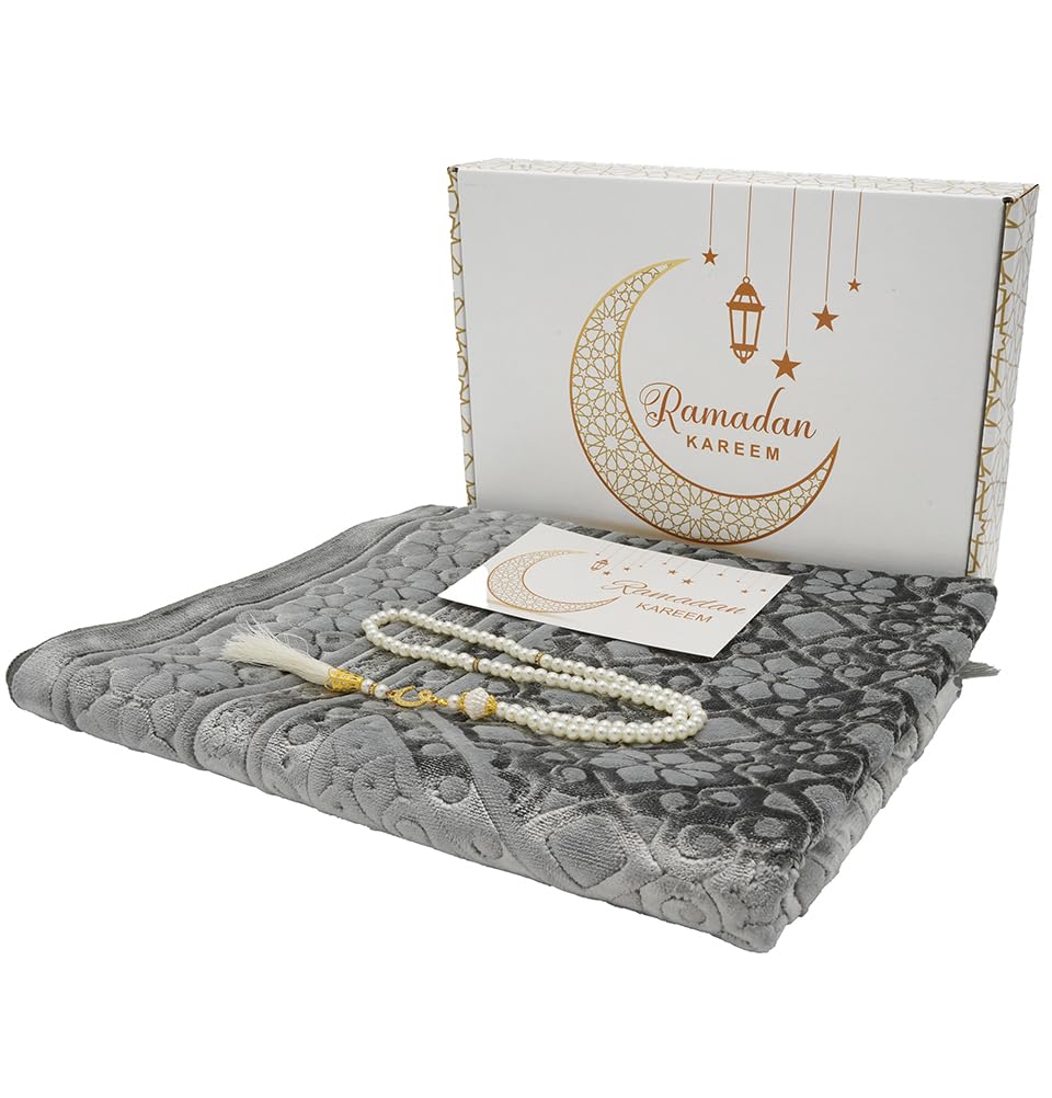 Modefa Muslim Prayer Rug - Ramadan Gifts Set with Prayer Mat & Tasbih Prayer Beads - Soft Plush Islamic Gifts for Women Muslim Gifts for Men - Luxury Velvet Gift Box Set (Floral Stamp Silver Grey)