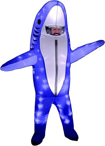 Miniatura 7 de Disfraz inflable de tiburón azul para adultos, disfraz divertido con luz LED, disfraz de Halloween, disfraz de fantasía para cosplay