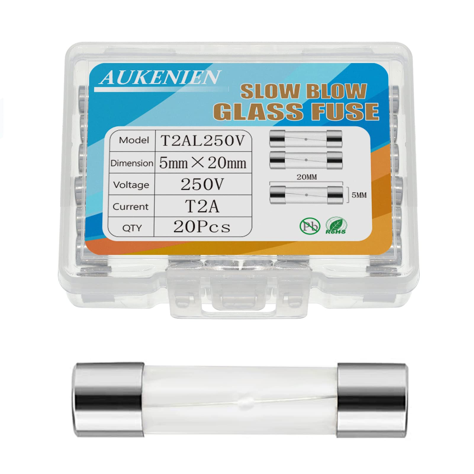 AUKENIEN 2A 2 Amperio 250V Fusibles de Vidrio de Soplado Lento 5x20MM T2A Fusible Cristal Tubos Retardo de Tiempo Kit