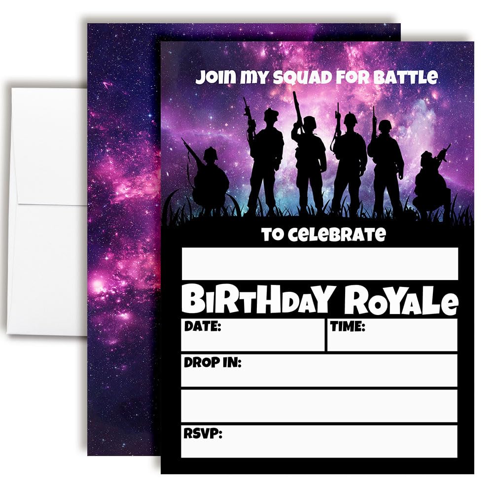 Galaxy Fort Battle Video Gaming 20 Birthday Party Invitations 5x7 Fill-In Cards with Envelopes, Kids Gamer Party Supplies, Fun Squad Design Birthday