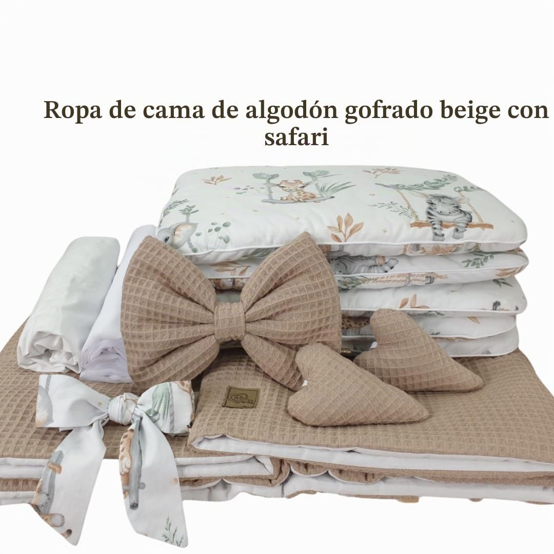 WIKLINOPOL Lena - Cuna de mimbre con ruedas, colchón, dosel y ropa de cama de tela de waffari con animales de safari, hecho a mano, cesta de moisés natural