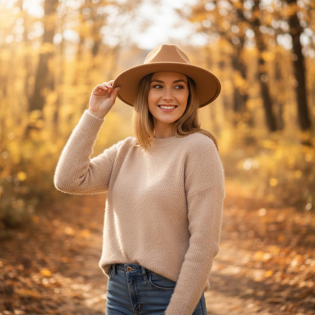 QUUPY Kaki Classique Felt Fedora Chapeau Large Bord Soft Hair Panama Chapeau Automne Hiver Jazz avec Rivet Boucle déployante et Cordon de Serrage réglable