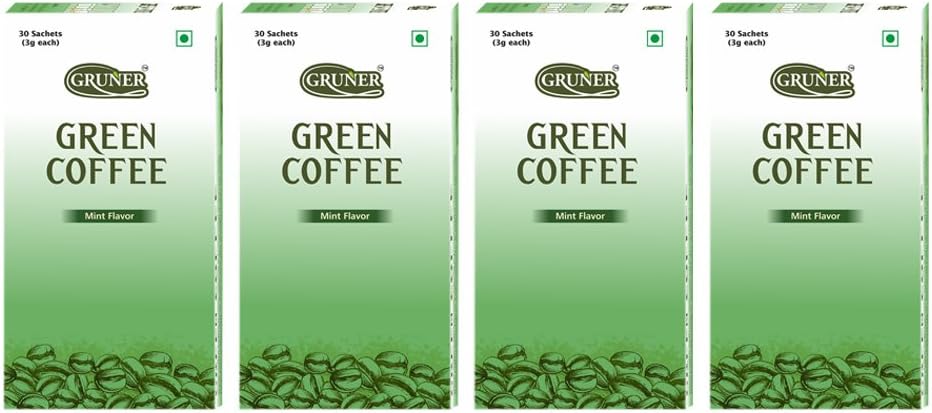 Gruner Mint Flavored Unroasted Green Coffee Powder Sachet each 3 gram (Combo 4 Pack)