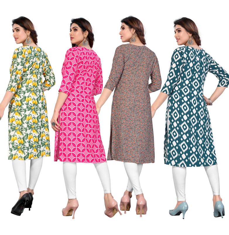 Image of JAKHANA Women's Crepe Printed Casual Straight Calf Length Round Nick Kurta Pack of 4