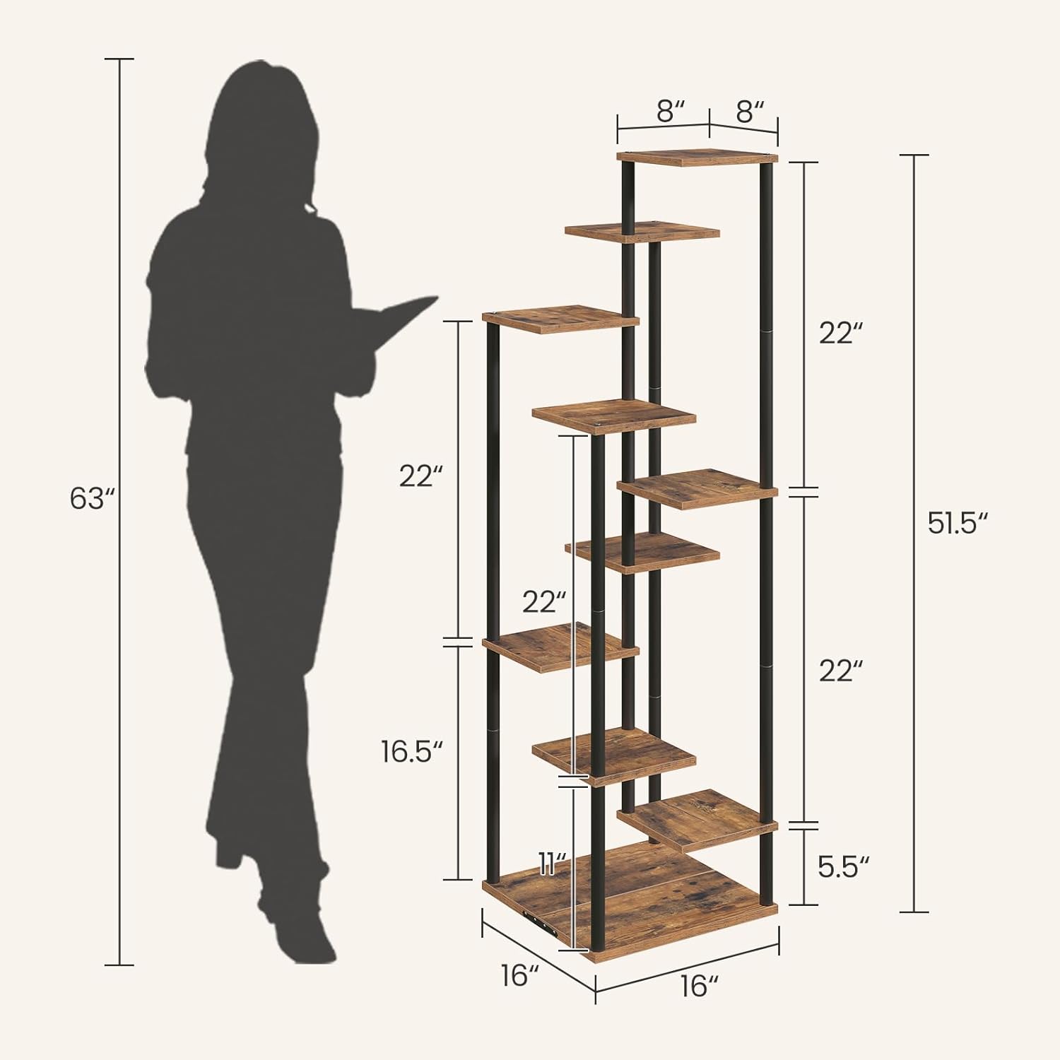 Yzosvki 10 Tier Plant Stand Indoor, Tiered Corner Plant Shelf Flower Stand for Living Room, Balcony, Patio, Garden, Rustic Brown and Black 10 Tier-Square-Rustic Brown