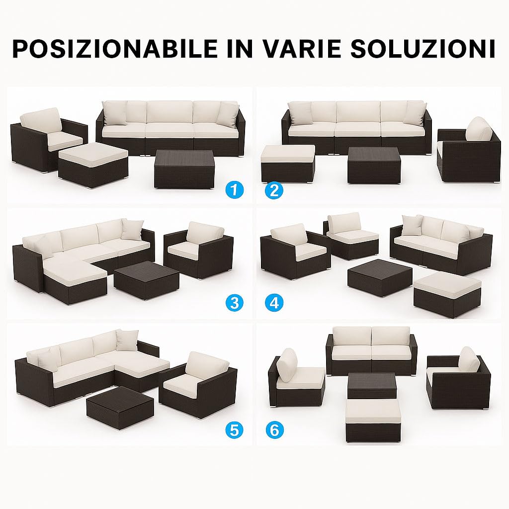 Totò Piccinni Set CARLOS in Polyrattan con cuscini Divano 3 Posti + Poltrona + Pouf + Tavolino con Piano in Vetro (Marrone)