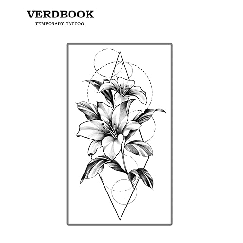 Waterproof Temporary Tattoos: 2-Sheet Tattoo Kit with Realistic Body Stickers, Semi-Permanent Tattoos for Adults Lasting 7-15 Days – Safe for Men & Women, Geometric Sunflower Pattern(Geometric Lilies Pattern)