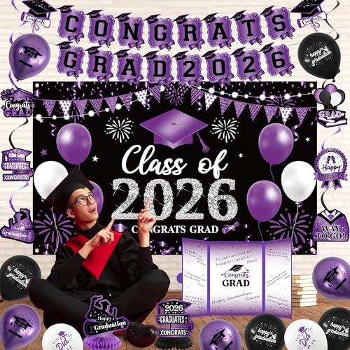 Image of Vlipoeasn Purple 2026 Graduation Party Decorations 2026 College /High School Graduation Decorations Party Supplies, Black and Purple Class of 2026 Congrats Grad Backdrop Banner Signature Book