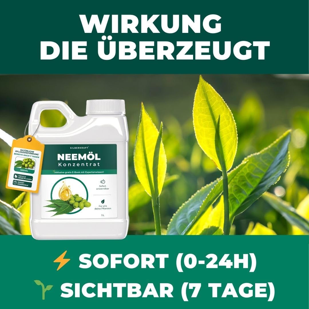 Silberkraft Neemöl 1000 ml mit Emulgator - kaltgepresst & vorgemischt - Ergibt 100 L sprühfertiges Neem-Öl Spray - Niemöl zur Pflanzenpflege für drinnen & draußen