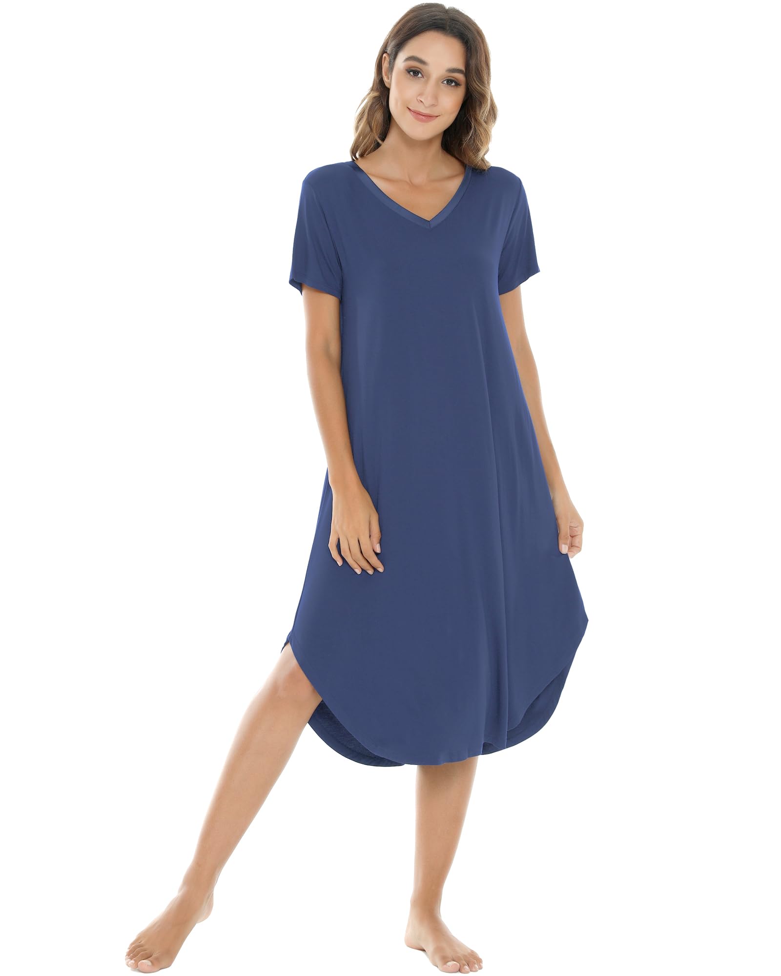 NACHILA Bamboo Viscose Nightgowns for Women Cooling Short Sleeve Sleepshirt | Soft V Neck Night Gowns, Moisture-Wicking Sleepwear for Hot Flashes &amp; Night Sweats, Ladies Nightshirts for Sleep, Home, Gift