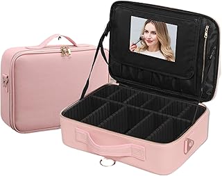 VAODO Makeup Bag with Large Mirror, PU Makeup Artist's Makeup Bag, Cosmetic Case with Adjustable Partition, Hand-Held with Shoulder Strap, Large Capacity