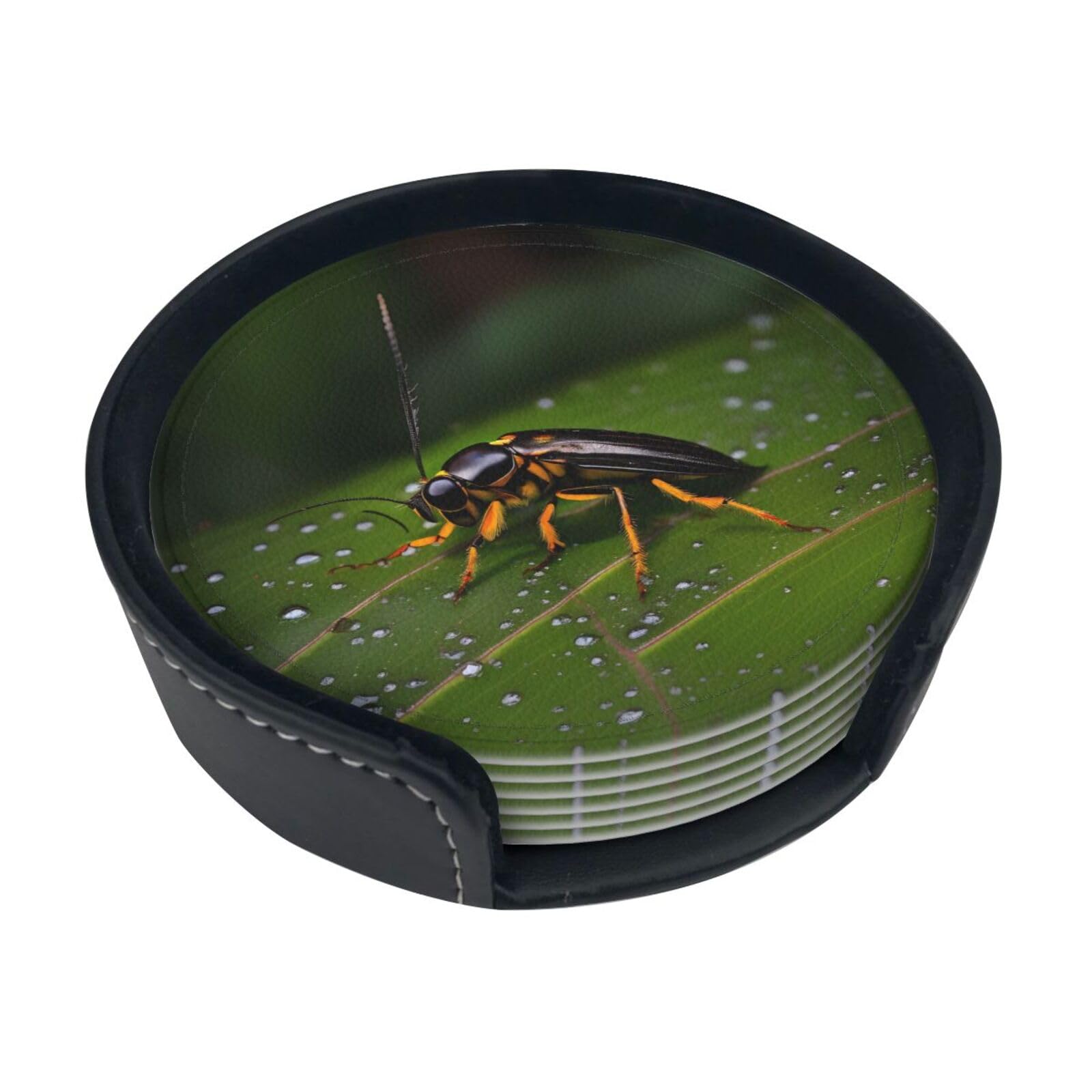Cntdbu White Insects On Leaves Leather Coasters Set Of 6-Pu Leather Drink Mats For Table, Heat Resistant Round Coasters With Holder