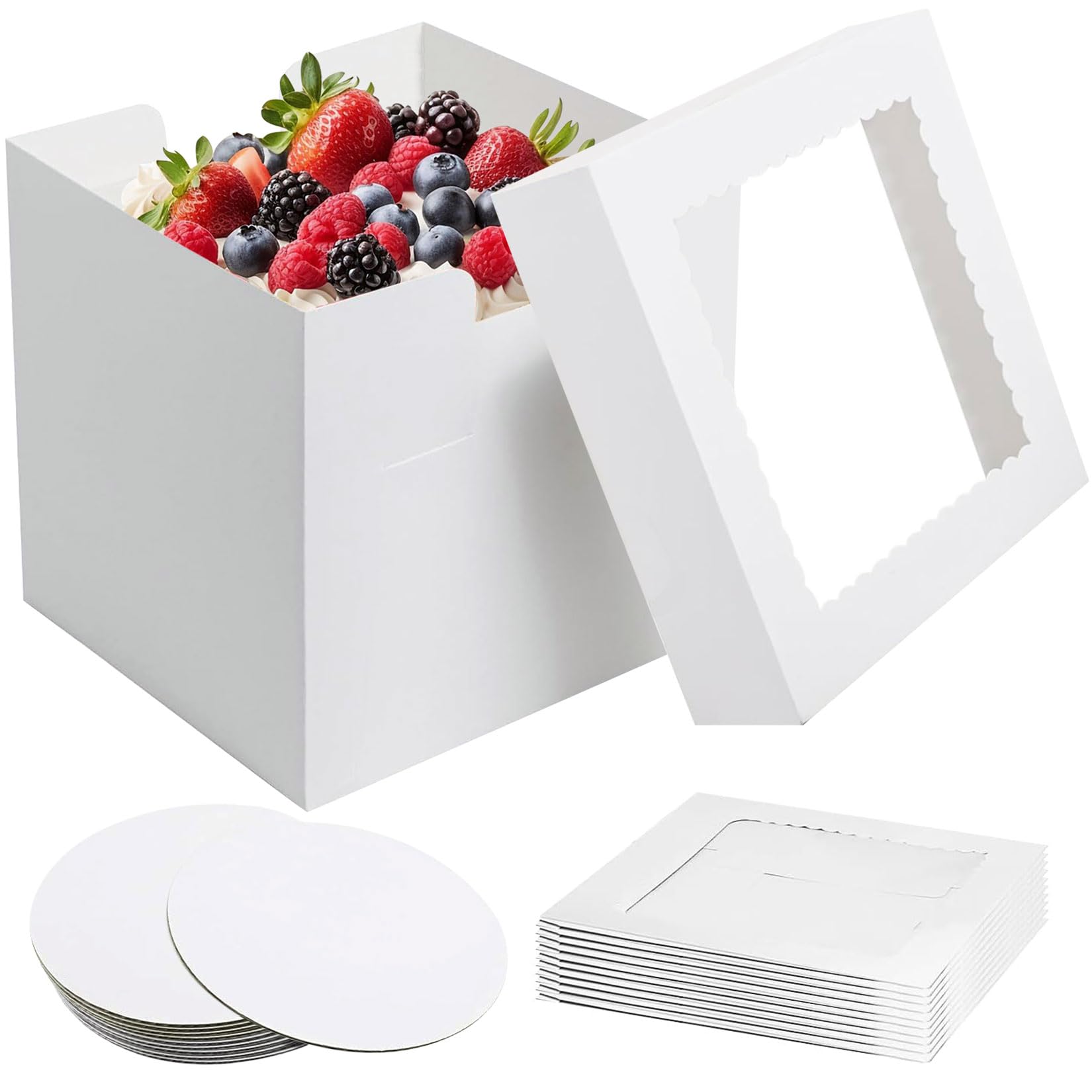 10 pezzi Scatola per torte 30x30x20 cm, Scatola per torte in cartone con finestra trasparente, Scatola per torte riutilizzabile in cartone (10, Bianco, 30 cm)